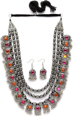 Fashion Women's Latest Stylish Fancy Oxidised Tribal Necklace Jewellery Set